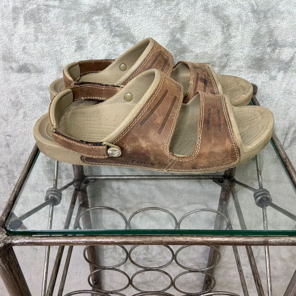 crocs men's yukon brown leather two strap sandals size 12